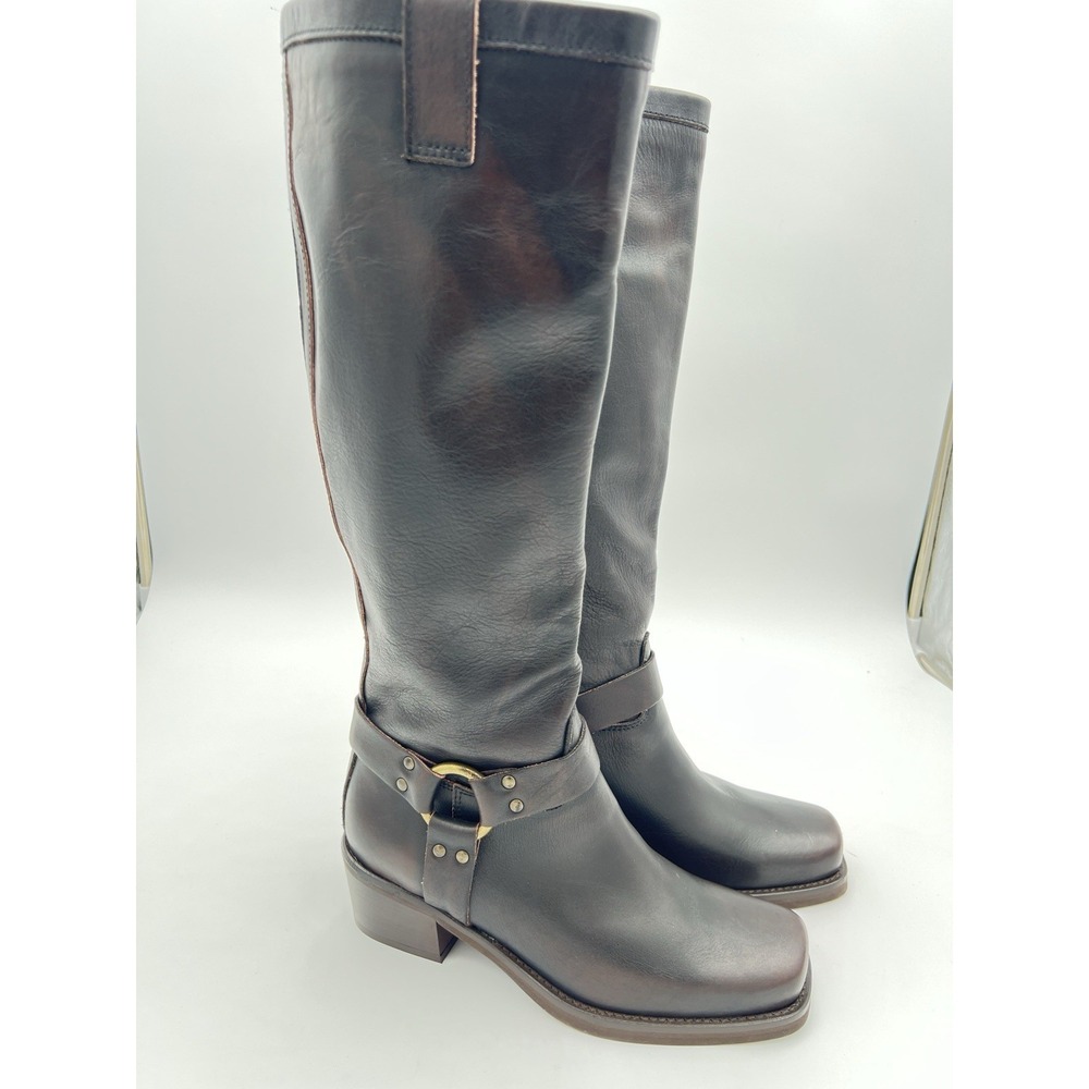 Sundance Italy Black Leather Tall Riding Boots Buckle Women's Made In Italy 8 - Picture 4 of 13
